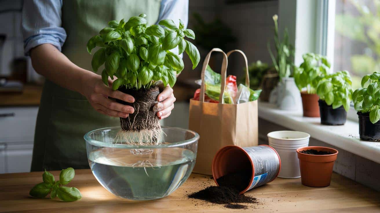 Sposób na to żeby bazylia kupiona w doniczce w supermarkecie przeżyła więcej niż 2 tygodnie który stosują ogrodnicy i który polega na przesadzeniu jej w pierwszym dniu po zakupie w konkretny jedyny sposób