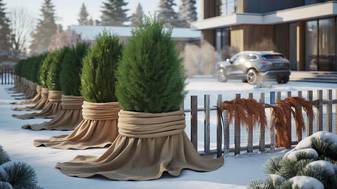 Sposób na to żeby ogrodowe iglaki nie brązowiały zimą od mrozu i wiatru który stosują ogrodnicy przy projektach willowych i który polega na okryciu roślin jutą a nie agrowłókniną kupowaną w markecie budowlanym
