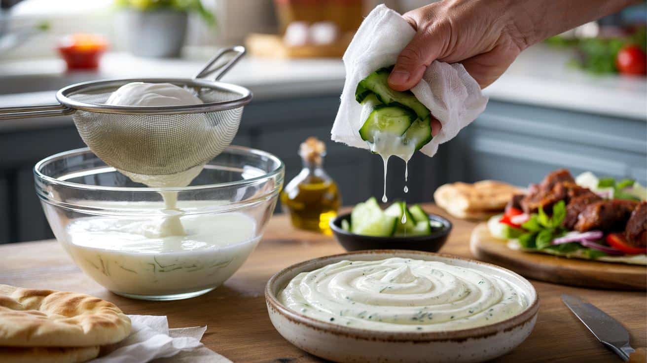 Sposób na to żeby sos tzatziki robiony w domu był gęsty jak w greckiej restauracji który stosują szefowie kuchni i który polega na odsączeniu jogurtu przez konkretną liczbę godzin w lodówce a nie na ilości czosnku