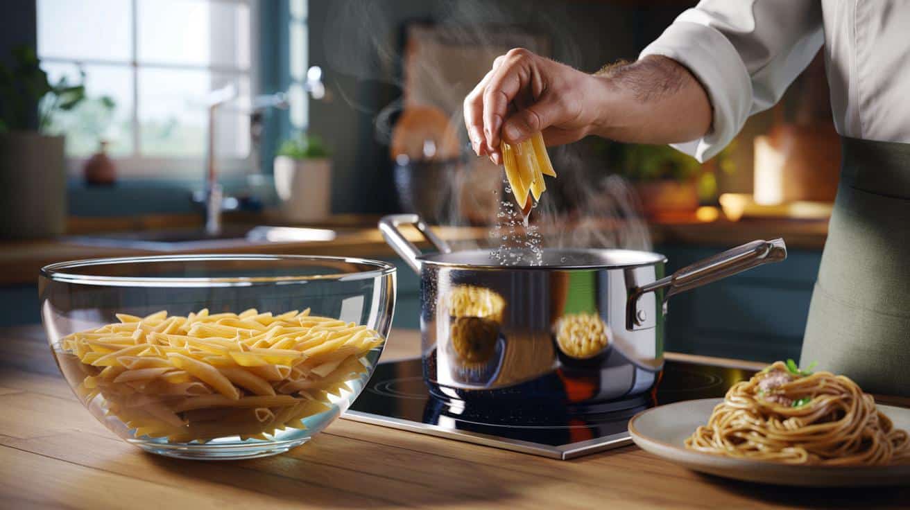 Sposób na to żeby makaron pełnoziarnisty gotowany w domu nie był twardy w środku który stosują szefowie kuchni i który polega na czasie moczenia w zimnej wodzie przed gotowaniem a nie na przedłużaniu czasu wrzenia