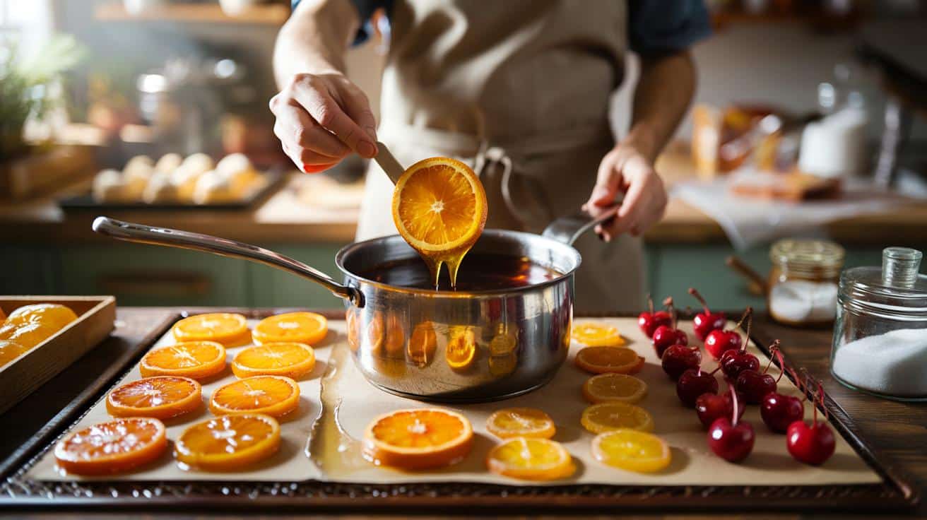Sposób na to żeby owoce kandyzowane robione w domu były błyszczące i nie lepkie który stosują cukiernicy i który polega na końcowej kąpieli w syropie o konkretnym stężeniu a nie na suszeniu w piekarniku