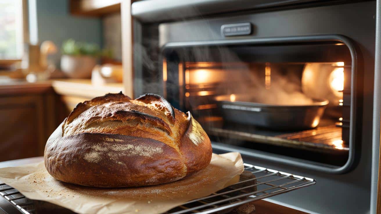 Sposób na to żeby domowy chleb pszenny miał chrupiącą skórkę jak z pieca opalanego drewnem który stosują piekarze rzemieślnicy i który polega na parowaniu piekarnika w pierwszych minutach pieczenia konkretną metodą