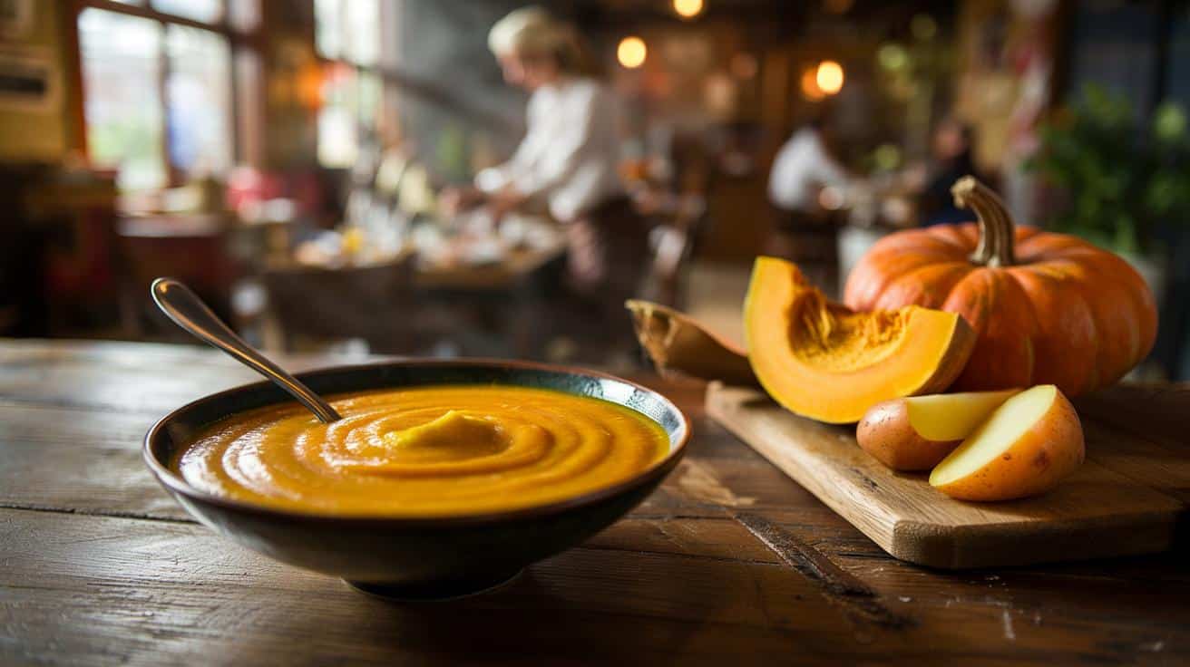 Sposób na to żeby zupa krem z dyni była gęsta i aksamitna bez śmietany który stosują restauracje wegetariańskie i który polega na dodaniu jednego składnika skrobiowego gotowanego razem z dynią przed blendowaniem