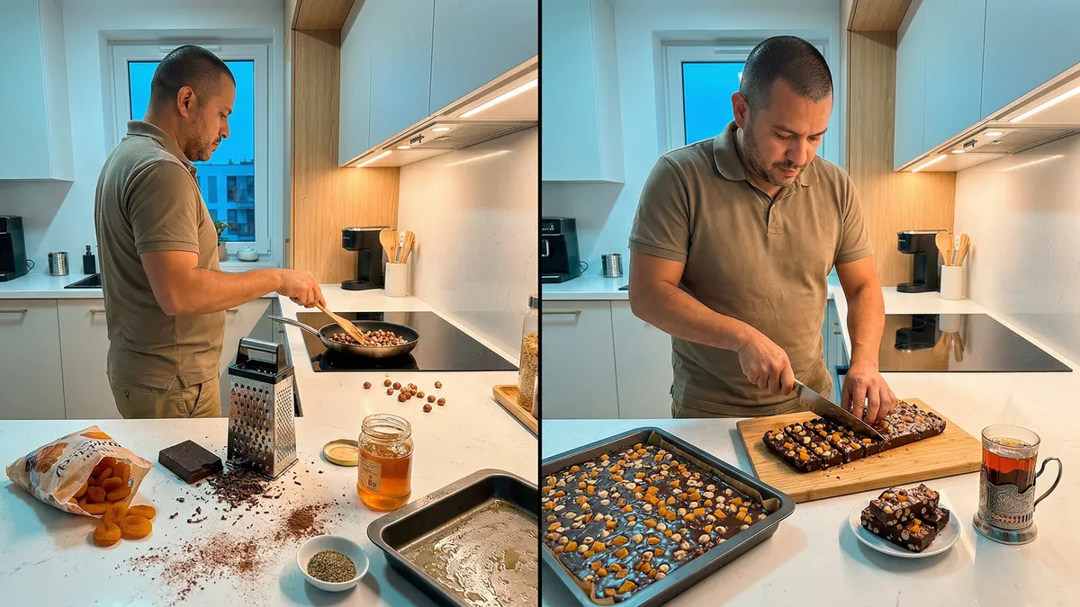 Czekoladowe ciastko-baton bez jaj i nabiału: prosty przepis z orzechami i morelami