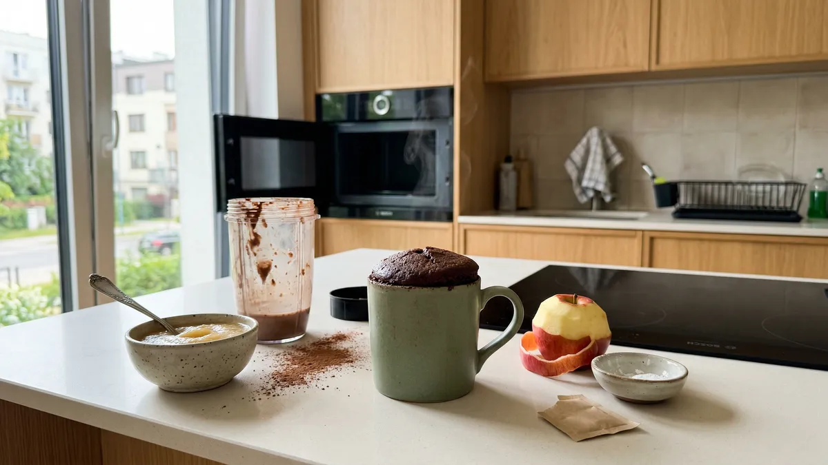 Czekoladowo‑jabłkowy keks z mikrofalówki – fit deser w 5 minut, bez mąki i cukru