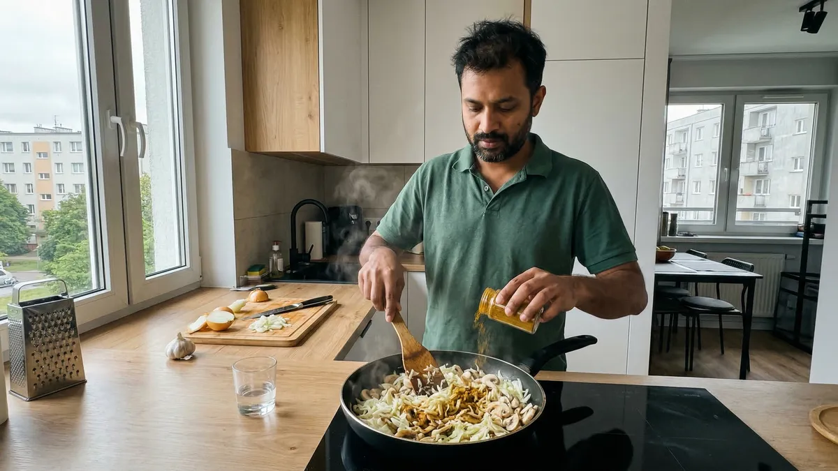 Duszoną kapustę z pieczarkami i curry zrobisz w 30 minut – prosty przepis z patelni