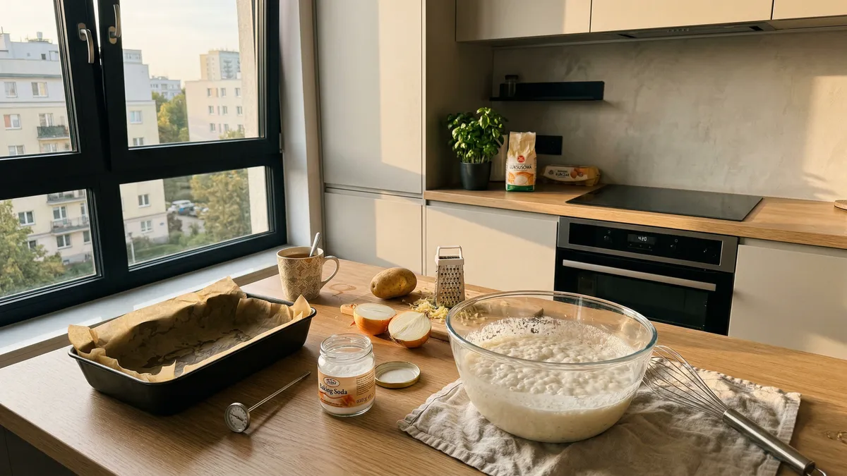 Placek zalewany na kefirze z mięsem i ziemniakiem – szybki obiad w 40 minut