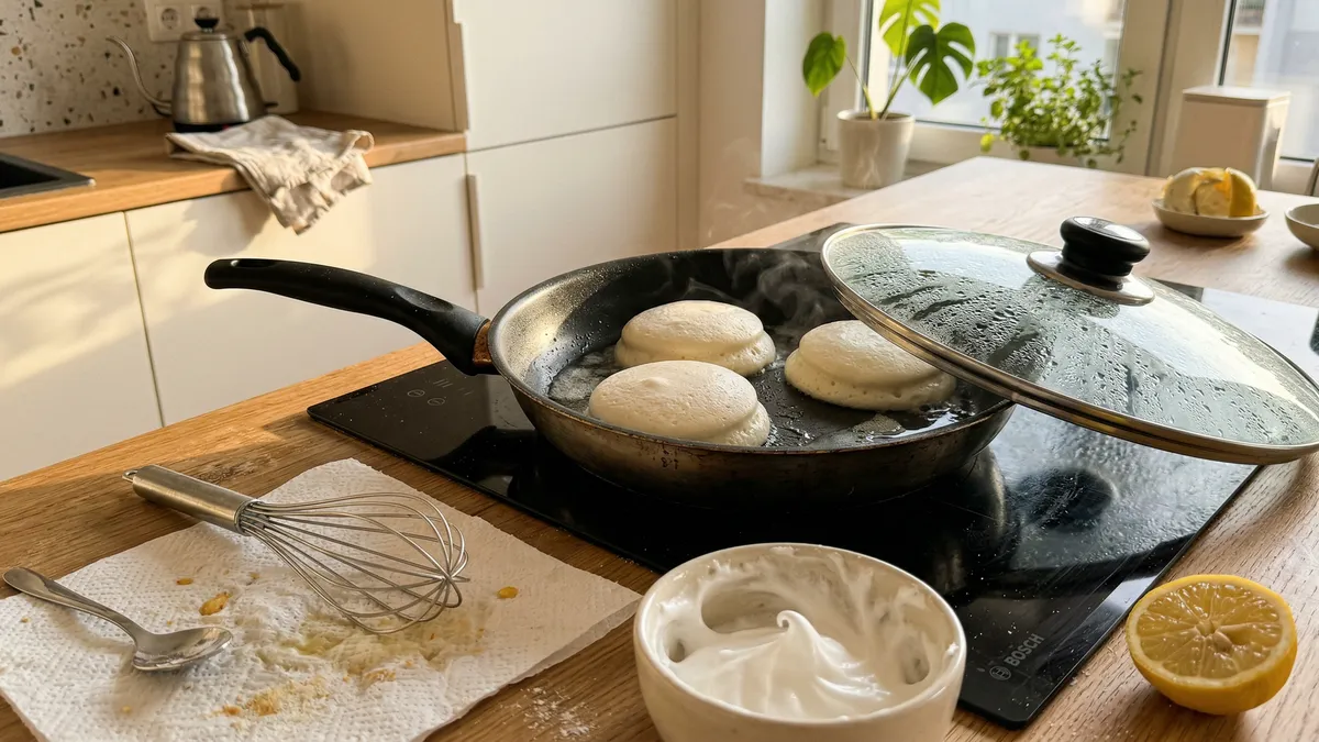 Puszyste placuszki bez kefiru: przepis na wysokie soufflé pancakes z patelni