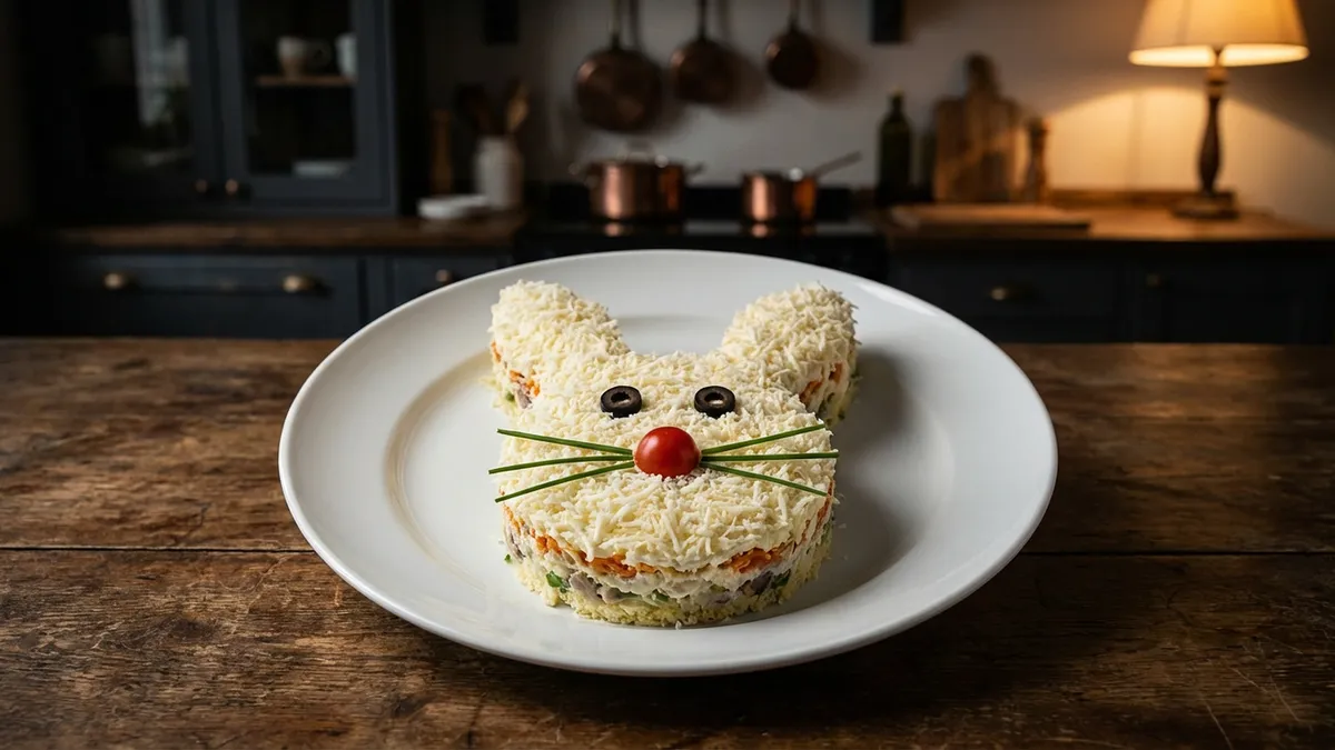 Sałatka „Królik” na Wielkanoc: przepis warstwowy krok po kroku
