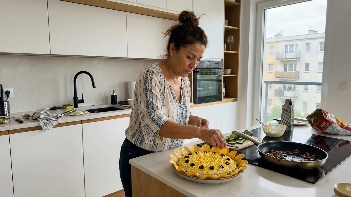 Sałatka Słonecznik z kurczakiem i pieczarkami – przepis krok po kroku