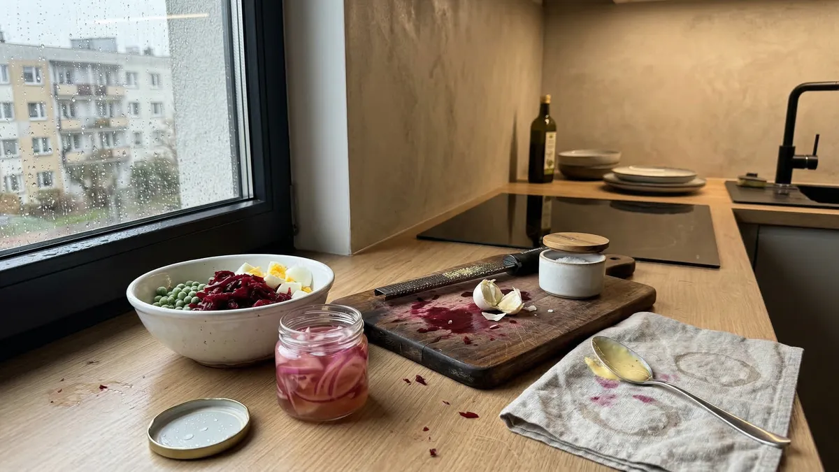 Sałatka z buraków z groszkiem i sosem jogurtowym, szybki przepis na kolację