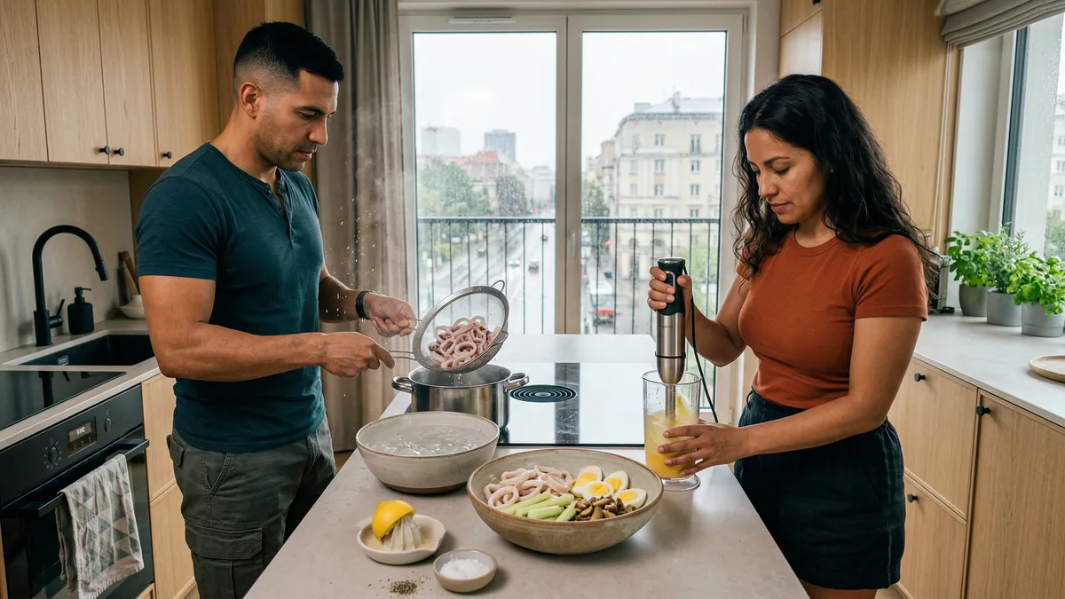 Sałatka z kalmarami, ogórkiem i marynowanymi grzybami, która znika z miski