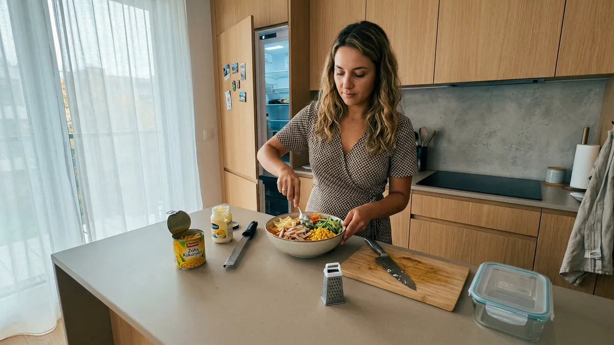 Sałatka z wędzonym kurczakiem i kukurydzą: szybki hit na kolację i do pracy