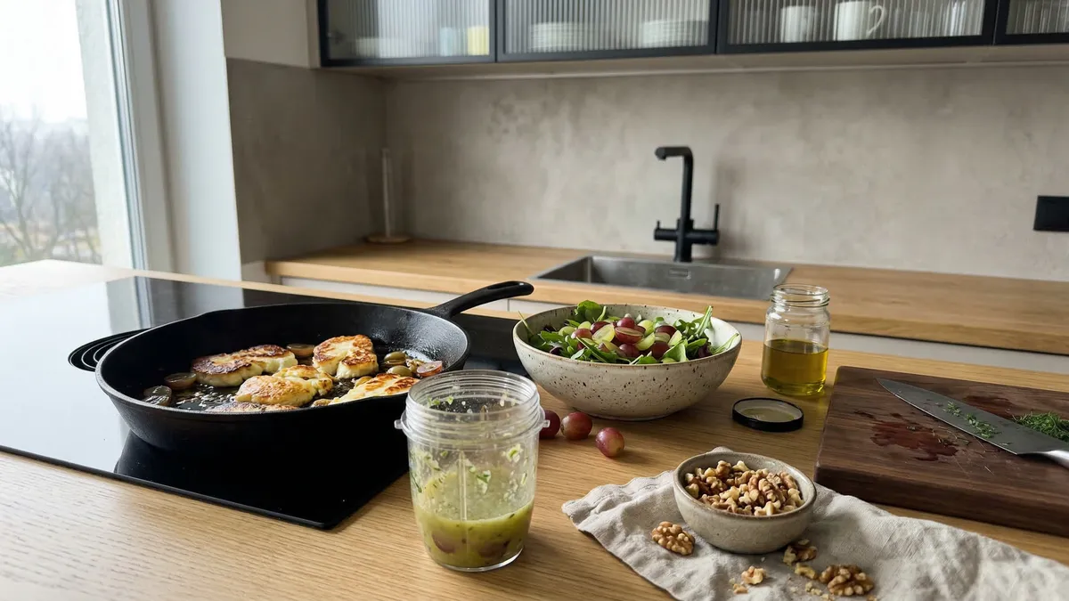 Sałatka z winogronami i smażonym serem adygejskim w 10 minut – prosty przepis