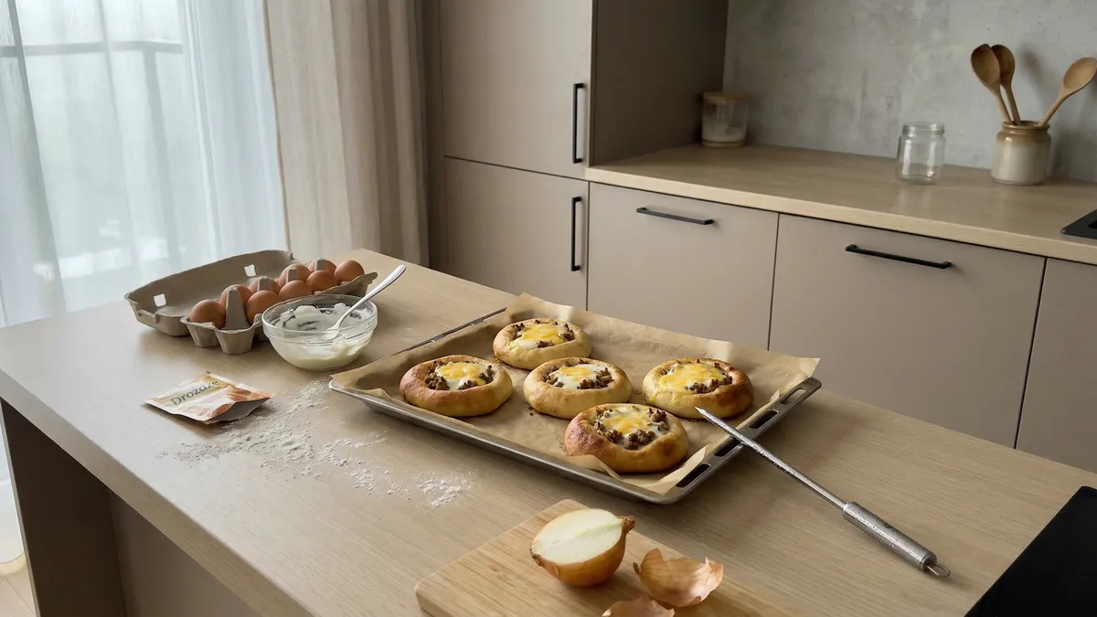 Smażenki z mięsem: przepis na puszyste bułeczki z zalewajką, które znikają w minutę