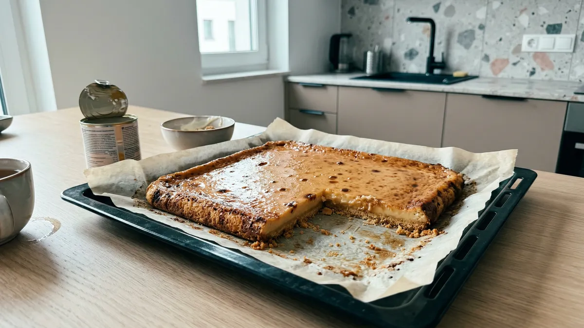 Szybki deser z blachy z mlekiem skondensowanym i herbatnikami – gotowy w 30 minut