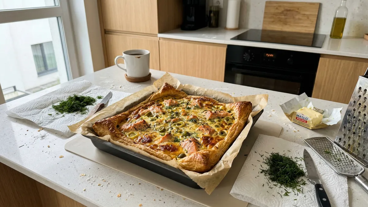 Tarta z łososiem na cieście francuskim i serem wędzonym – szybki przepis na kolację