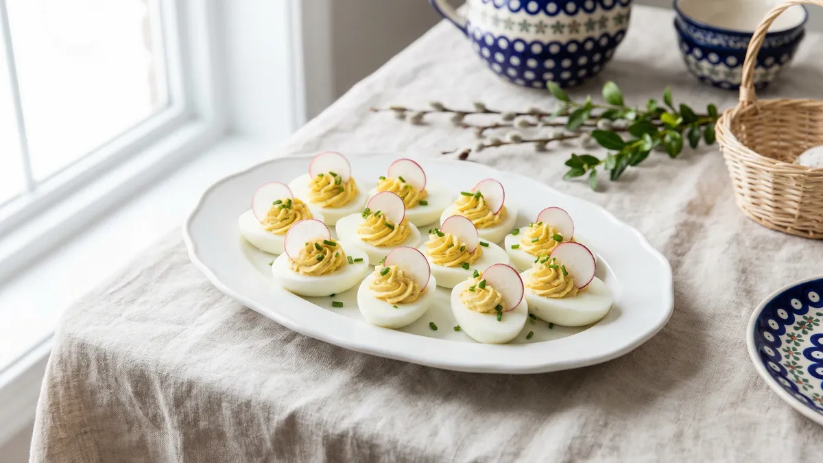 Wiosenne jajka faszerowane z rzodkiewką i szczypiorkiem – przepis, który znika pierwszy