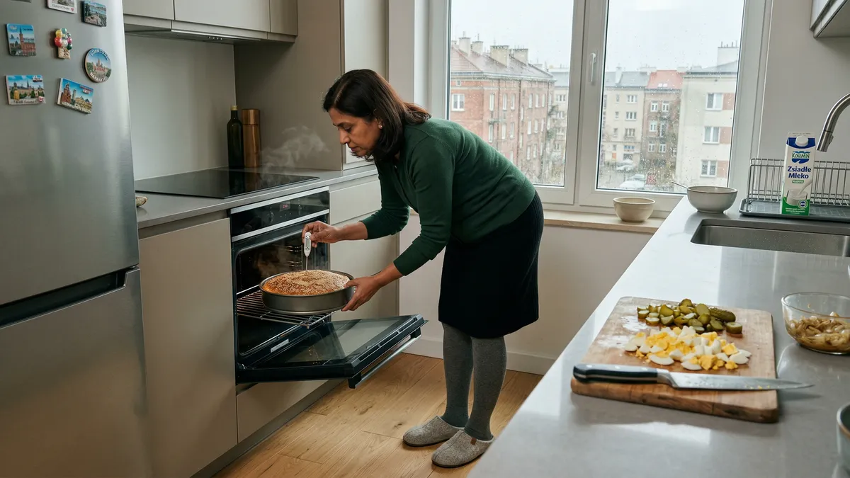 Wszystko wymieszaj, zalej kefirem i upiecz: zalewany placek z ogórkami kiszonymi i jajkiem