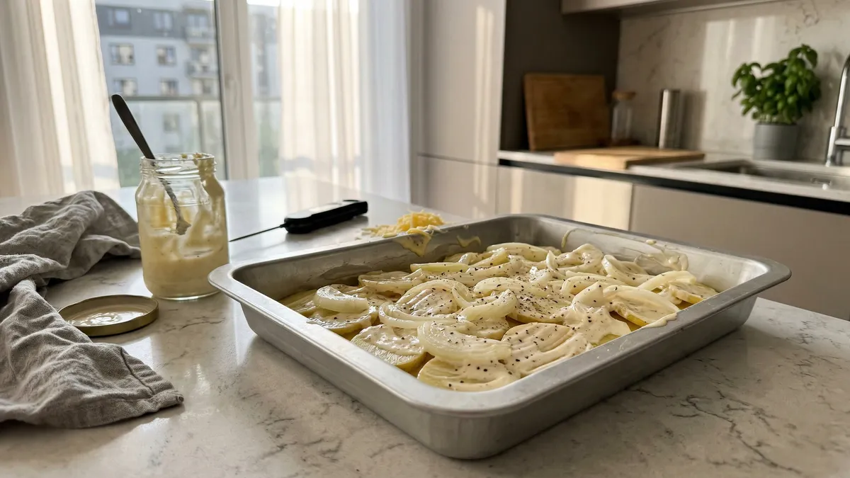 Zapiekanka ziemniaczana z mięsem i serem: trik z cebulą w majonezie, który zmienia wszystko