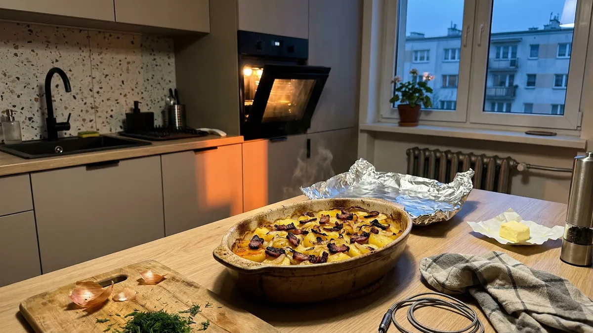 Ziemniaki warstwami z cebulą i boczkiem: prosty przepis, który robi się sam w piekarniku