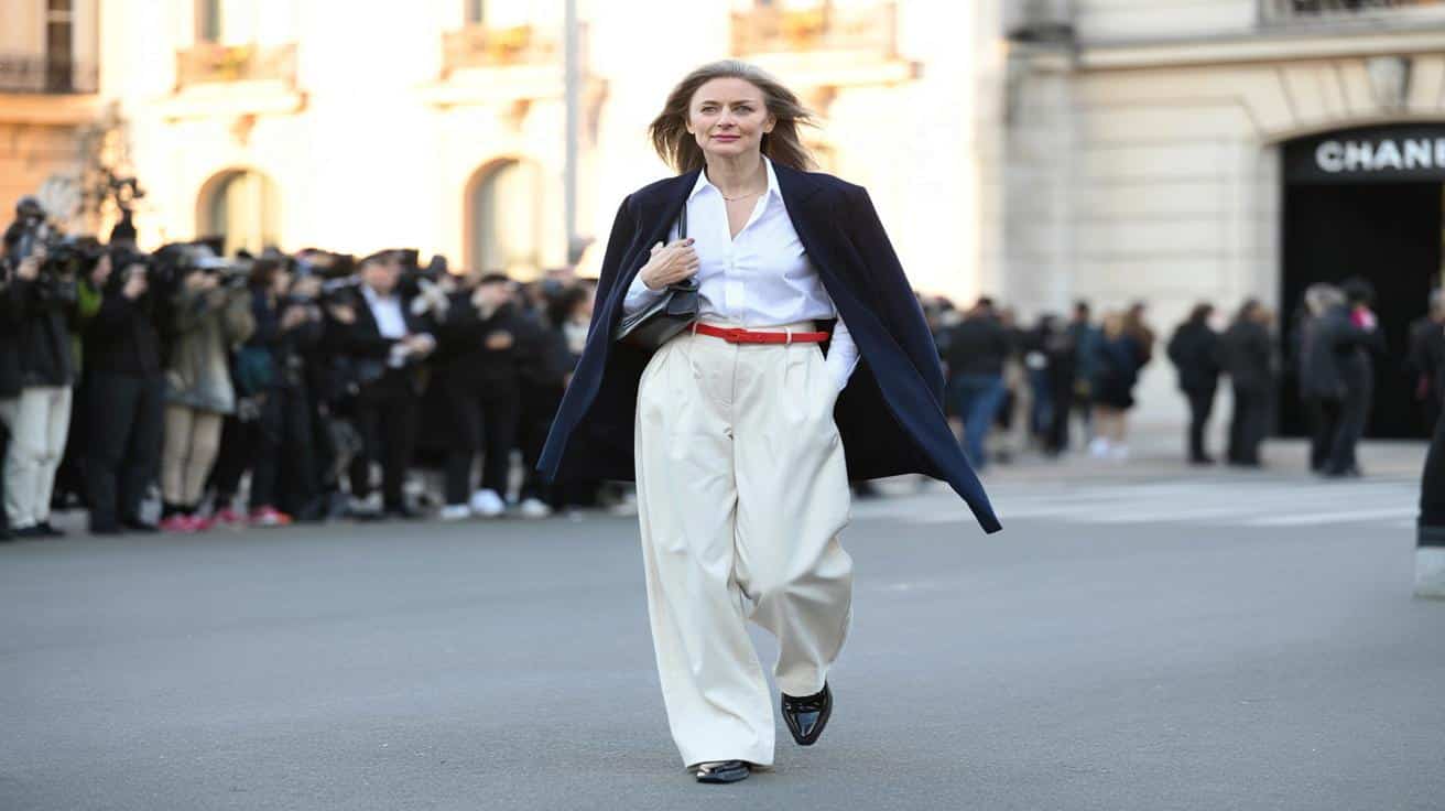 Biały materiał, czerwony akcent: look Inès de la Fressange na pokazie Chanel zachwycił Paryż