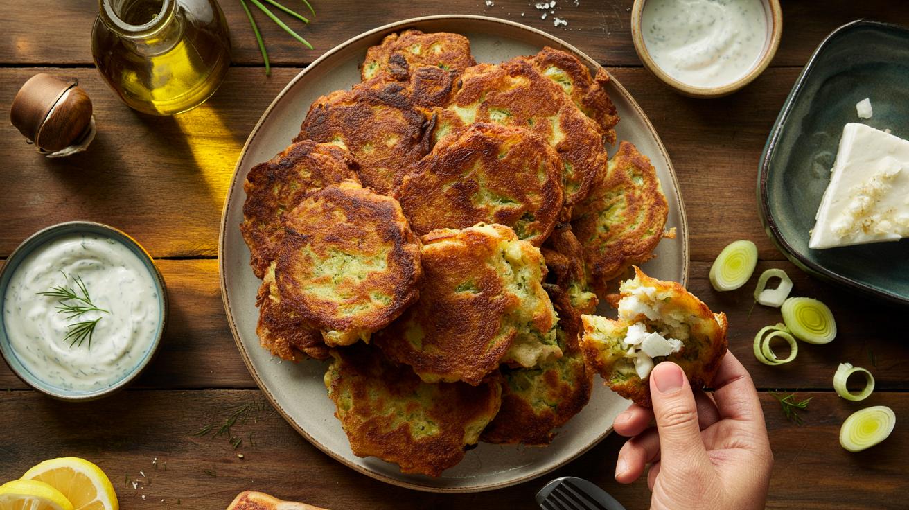 Chrupiące placuszki z pora i fety, które znikają w kilka minut