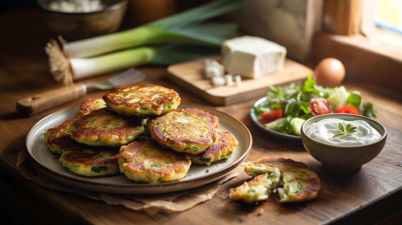 Chrupiące placuszki z pora i fety: prosty hit na kolację