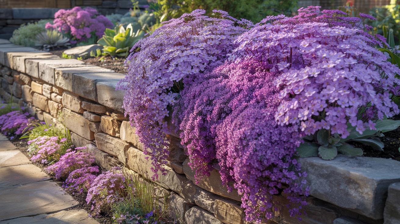 Fioletowa kaskada na murze oporowym: ta roślina zmienia go w żywy obraz