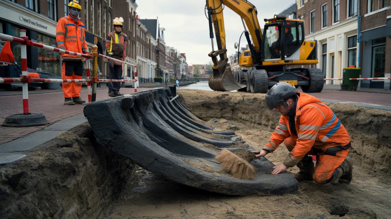 Holenderscy robotnicy kopią rów, a pod ulicą czeka łódź z średniowiecza