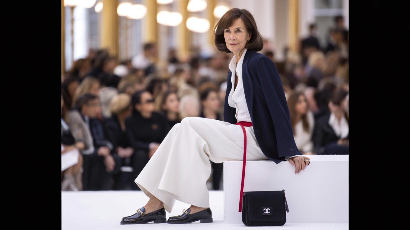 Inès de la Fressange pokazuje, jak nosić białe spodnie na pokazie Chanel