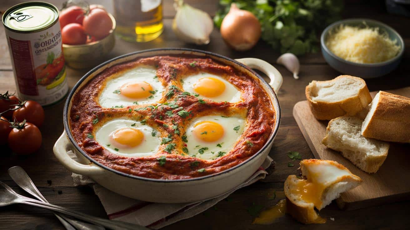 Jajka zapiekane w sosie pomidorowym: tani obiad z produktów z szafki