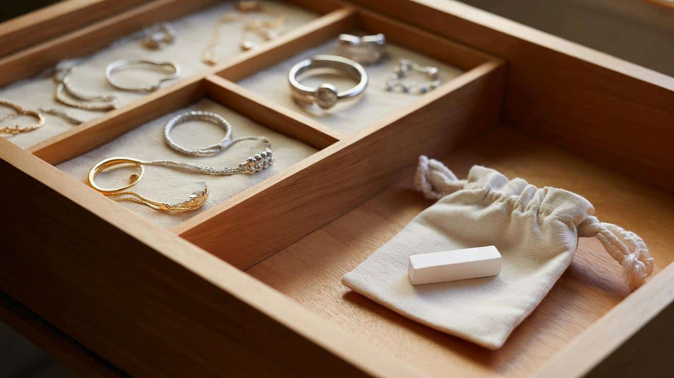 Jak włożyć kawałek kredy do szuflady z biżuterią aby zapobiec jej ciemnieniu
