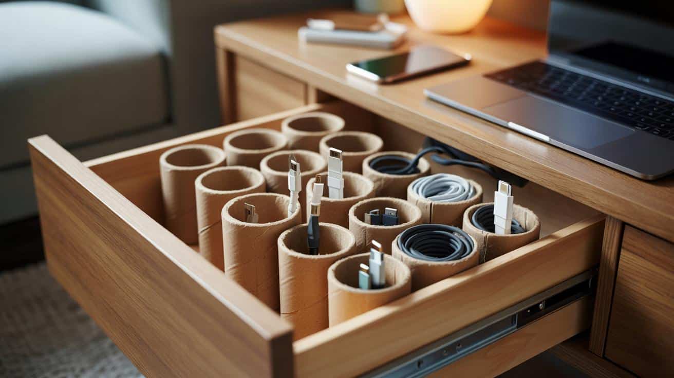 Jak wykorzystać rolkę po papierze toaletowym aby uporządkować kable w szufladzie