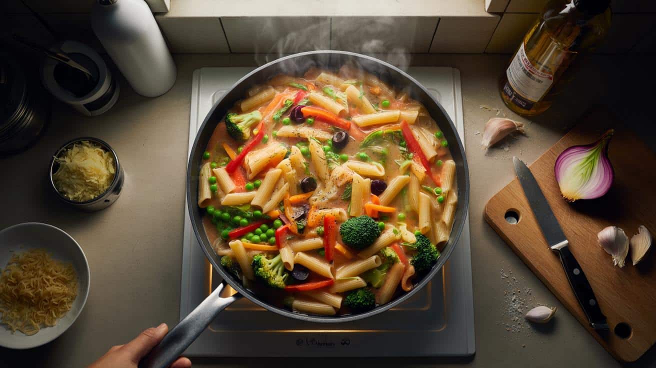 Jak zrobić szybki makaron z warzywami który powstaje w jednej patelni