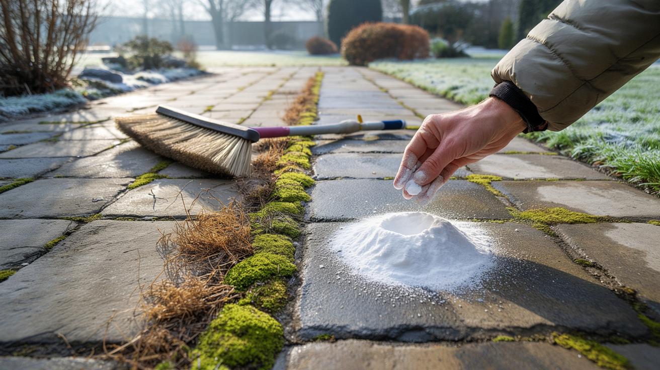 Jeden kuchenny proszek usuwa mech i chwasty z kostki bez szorowania