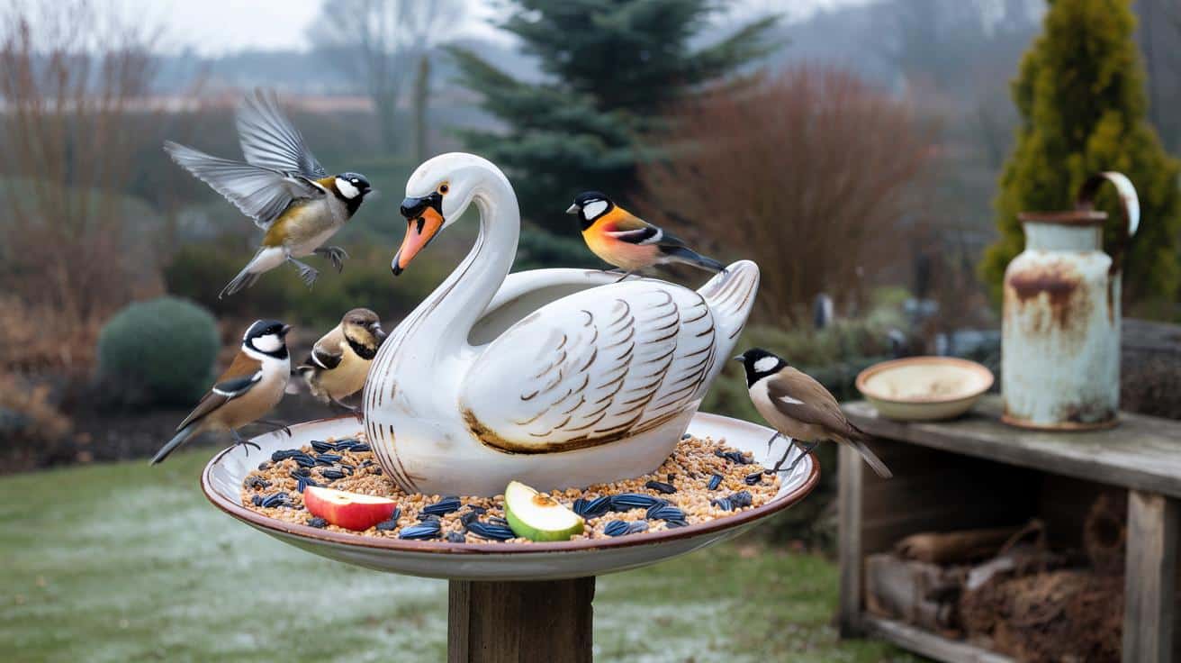 Masz w piwnicy kiczowatego łabędzia z ceramiki? Zrób z niego karmnik dla ptaków