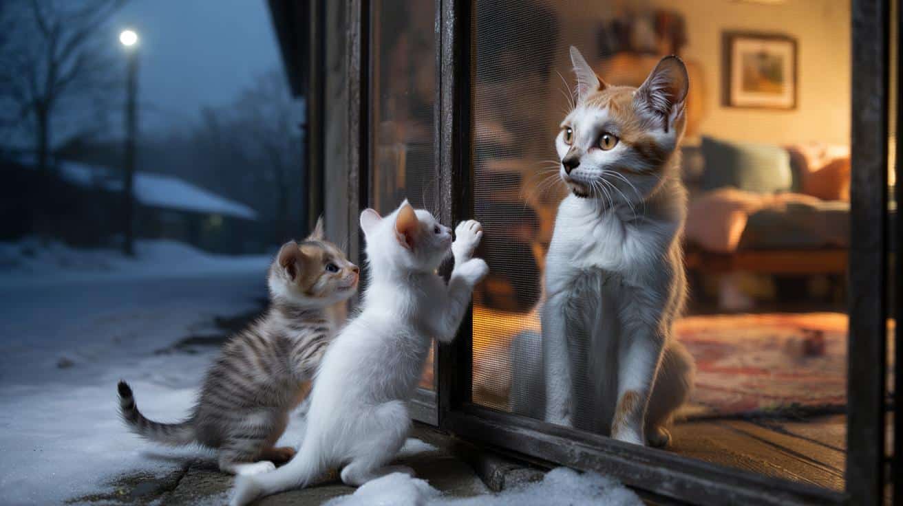 Kocia mama podchodzi pod drzwi i odmienia życie swoich maluchów