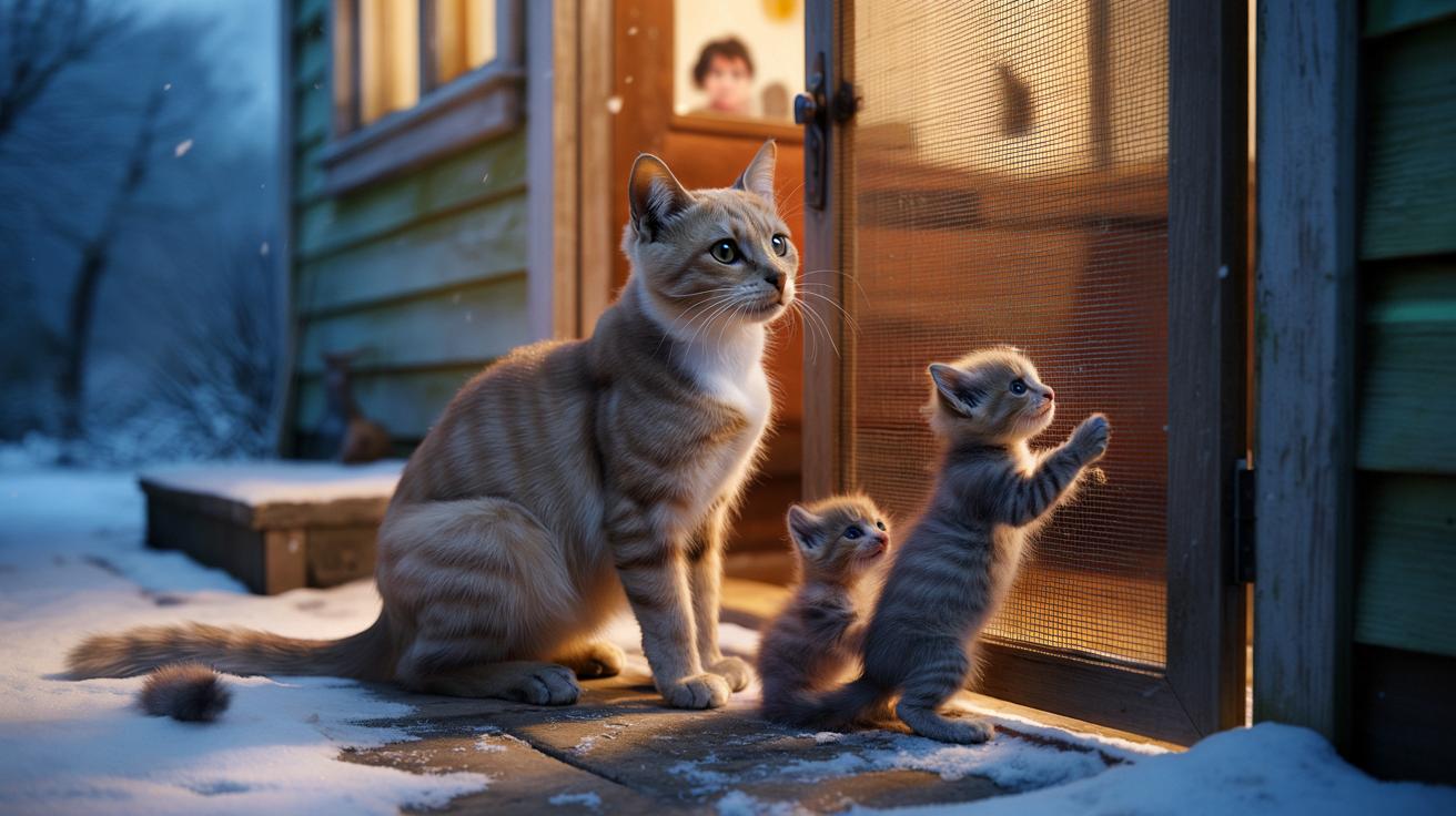 Kocia mama puka w siatkę drzwiową. To, co zrobiła rodzina, odmieniło ich życie