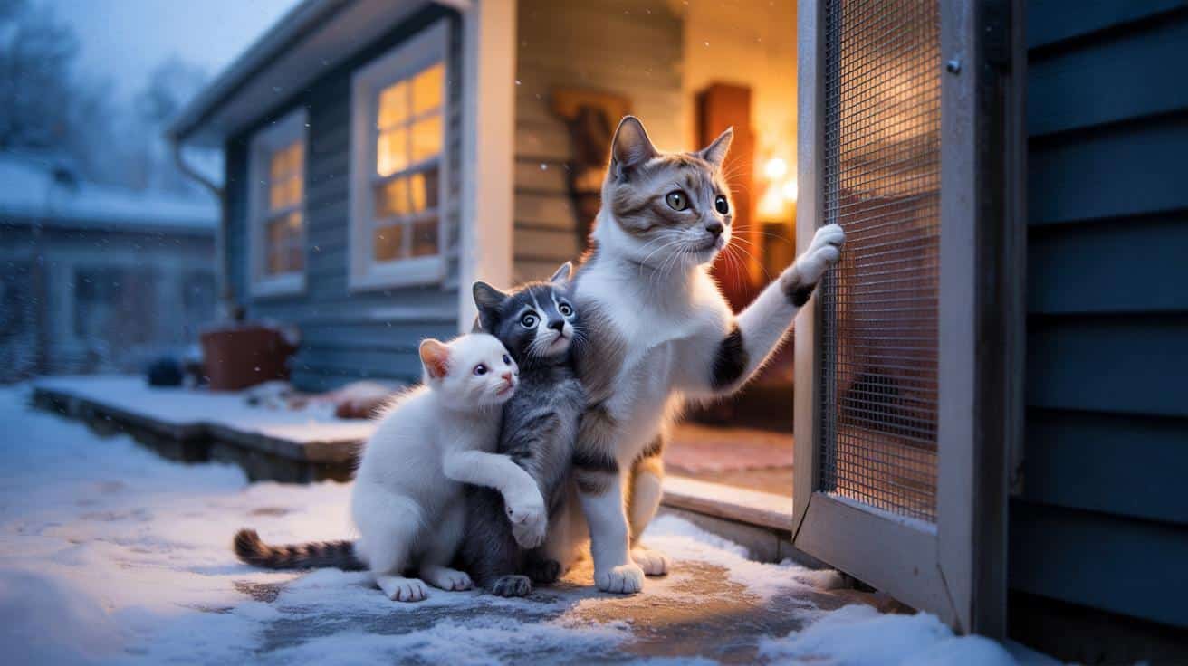 Kocia mama puka w siatkę drzwi. To, co zrobiła, odmieniło los maluchów