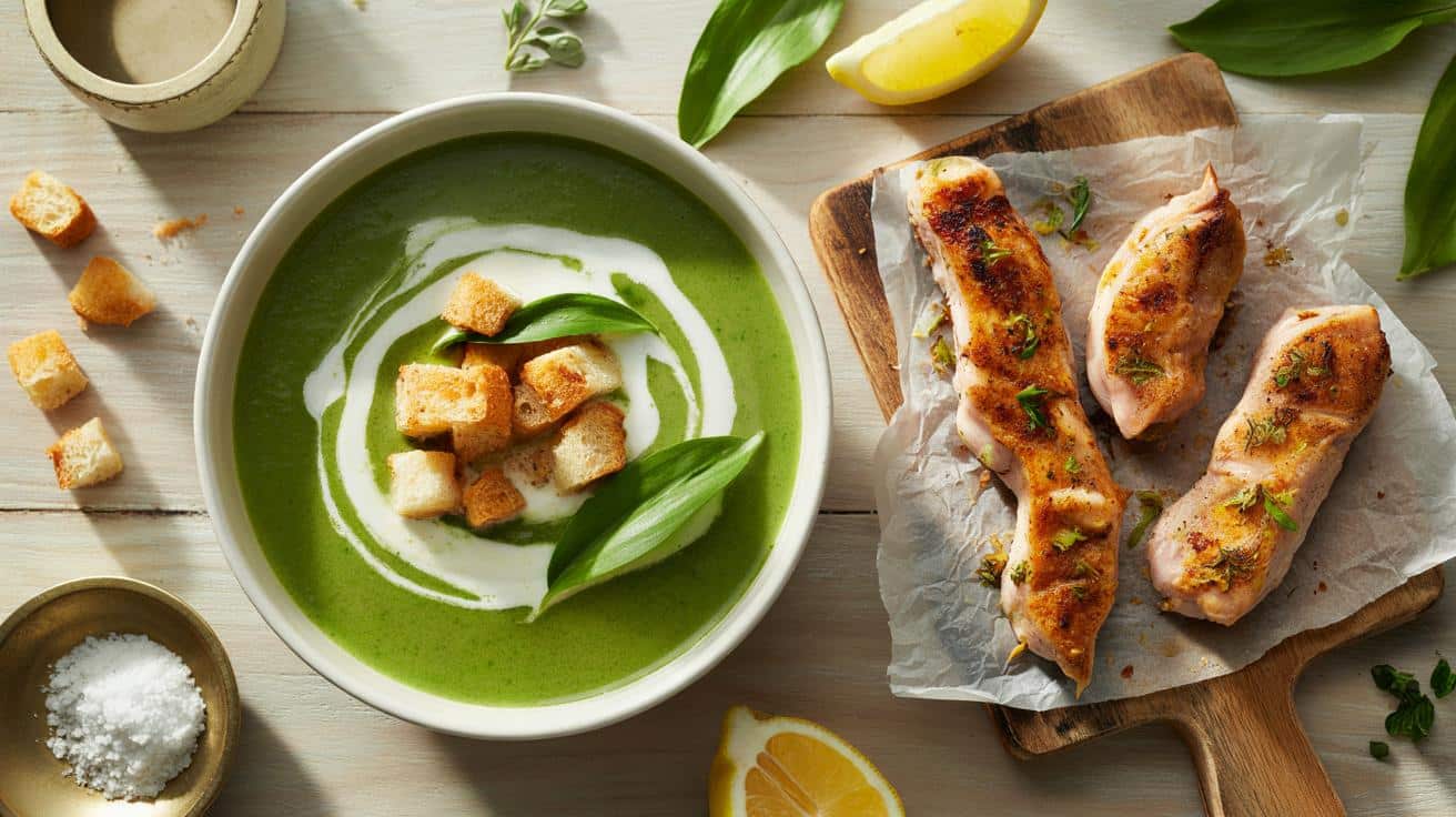 Kremowa wiosenna zupa z czosnkiem niedźwiedzim, grzankami i szaszłykami z kurczaka