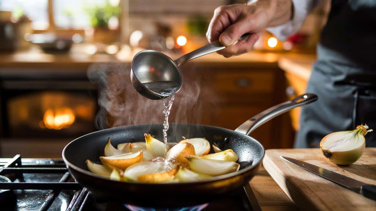 Kucharz zdradza dlaczego warto dodać odrobinę zimnej wody do smażonej cebuli aby stała się słodsza i bardziej aromatyczna
