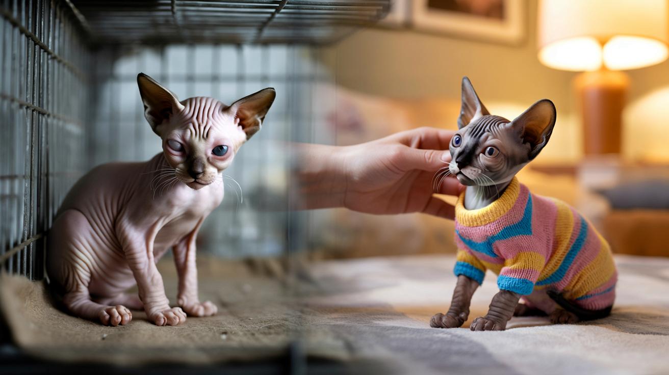 Łysy kociak trząsł się z zimna w schronisku. Prosty trik odmienił jego życie