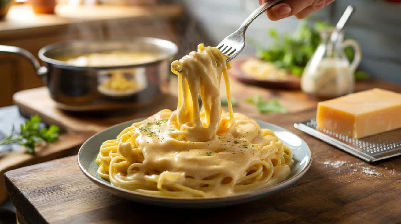 Makaron w ultraszybkim sosie serowym: kremowy obiad w 20 minut