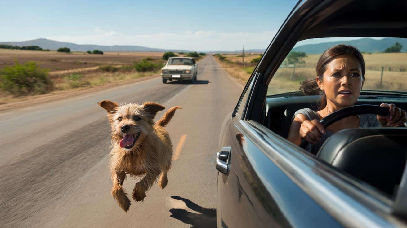 Mały pies biegnie za autem na pustej drodze. Kierowczyni nagle rozumie, co się dzieje