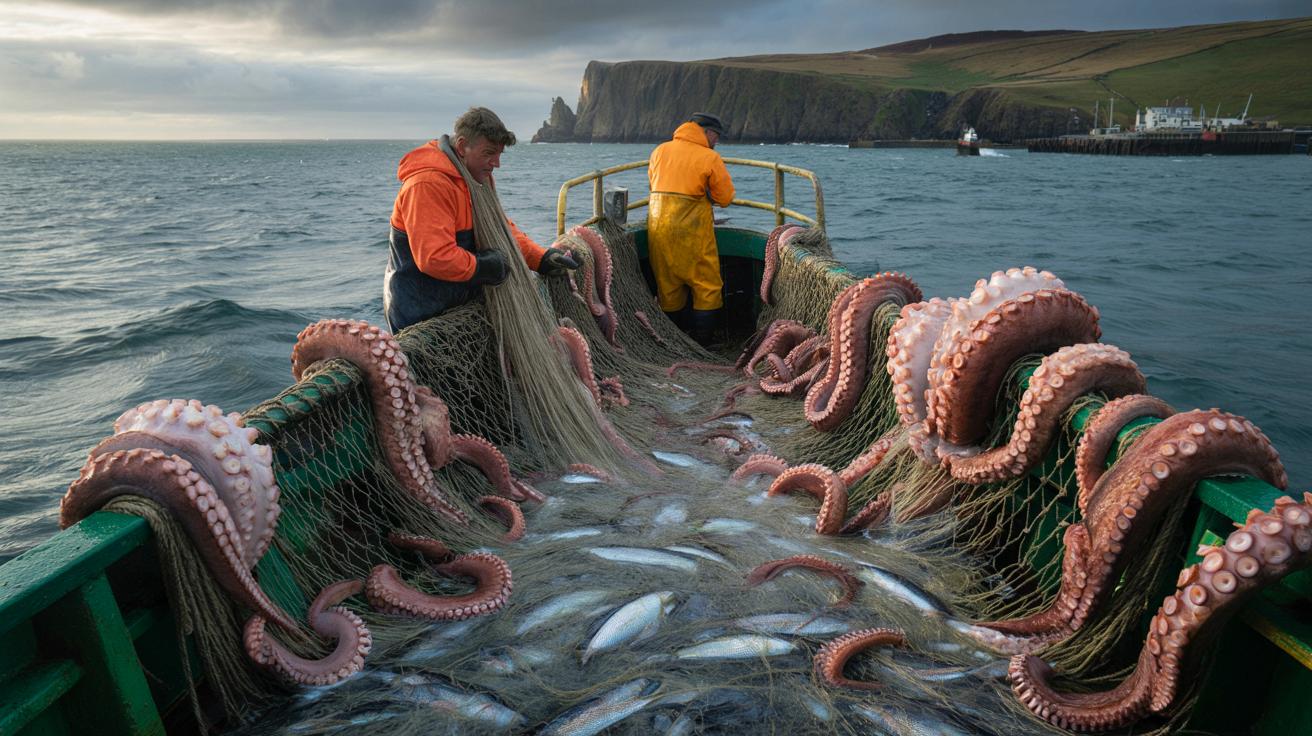 Ośmiornice masowo pojawiają się u wybrzeży Anglii, ryby znikają, a sieci rybaków pękają pod naporem
