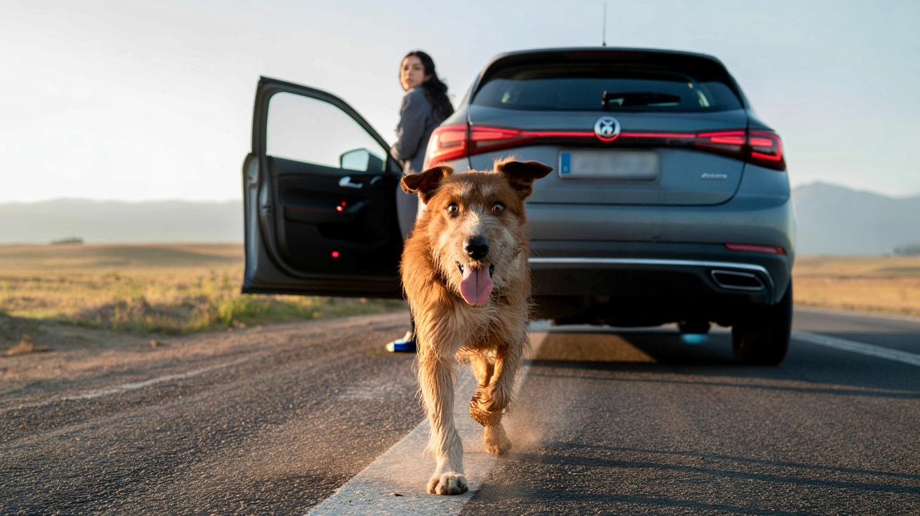 Pies biegnie za odjeżdżającym autem. Gdy kierowczyni pojmuje prawdę, ostro hamuje