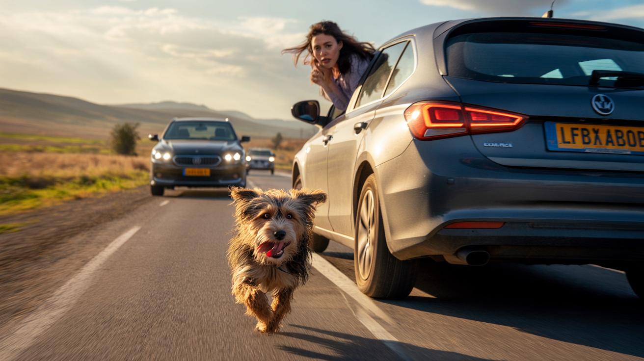 Pies biegnie za odjeżdżającym autem. Gdy kierująca pojmuje, co się dzieje, hamuje z całej siły