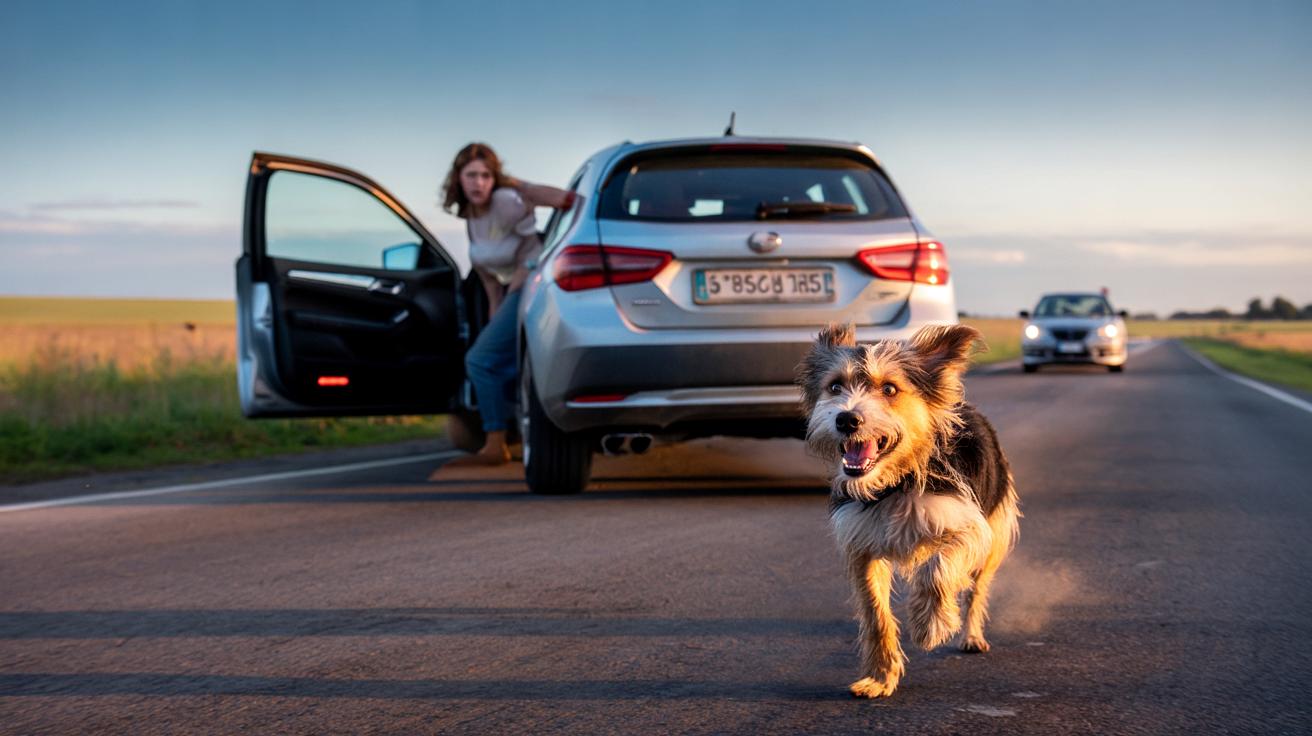 Pies biegnie za odjeżdżającym autem. Gdy kierująca pojmuje prawdę, ostro hamuje