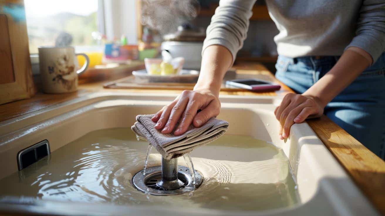 Połóż mokrą szmatkę na zatkaną rurę a ciśnienie powietrza usuwa korek bez żadnych narzędzi